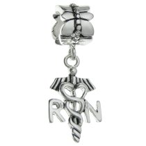 Antique .925 Sterling Silver Registered Nurse RN Logo Symbol Flower Dangle Bead for Pandora Troll Chamilia Biagi European Charm Bracelets