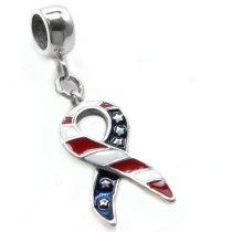 Sterling Silver USA American Flag Patriotic Ribbon Red Blue White Enamel Dangle Bead for Pandora Trol Chamilia Biagi European Charm Bracelets