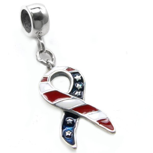 Sterling Silver USA American Flag Patriotic Ribbon Red Blue White Enamel Dangle Bead for Pandora Trol Chamilia Biagi European Charm Bracelets