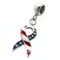 Sterling Silver USA American Flag Patriotic Ribbon Red Blue White Enamel Dangle Bead for Pandora Trol Chamilia Biagi European Charm Bracelets