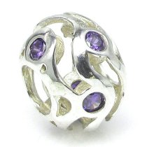 Sterling Silver Amethyst / Purple CZ Birthstone February Wave Bead for Pandora Trol Chamilia Biagi European Charm Bracelets