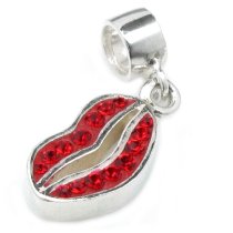 Sterling Silver Sexy Red Lips Kiss Crystal Dangle Bead for Pandora Troll Chamilia Biagi European Charm Bracelets