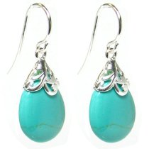 Sterling Silver Filigree Flower Bail Teardrop Turquoise Dangle Earring French Hook Earwire