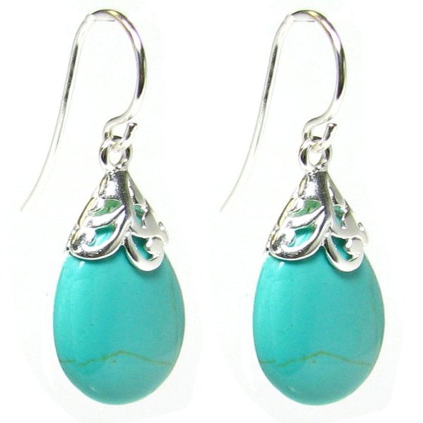 Sterling Silver Filigree Flower Bail Teardrop Turquoise Dangle Earring French Hook Earwire