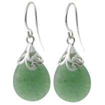 Sterling Silver Filigree Flower Bail Teardrop Aventurine Dangle Earring French Hook Earwire