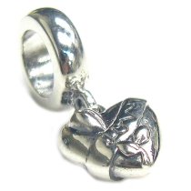 Petite Sterling Silver Love on Heart w/ Flower Dangle Puff Bead for Pandora Troll Chamilia Biagi European Charm Bracelets