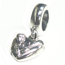 Petite Sterling Silver Love on Heart w/ Flower Dangle Puff Bead for Pandora Troll Chamilia Biagi European Charm Bracelets