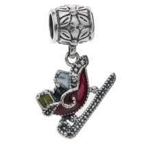 Antique Sterling Silver Santas Sleigh with Gift Christmas Red & Green Enamel Dangle Bead for Pandora Troll Chamilia Biagi European Charm Bracelets