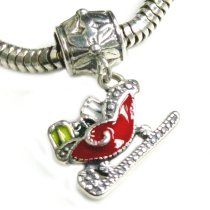 Antique Sterling Silver Santas Sleigh with Gift Christmas Red & Green Enamel Dangle Bead for Pandora Troll Chamilia Biagi European Charm Bracelets