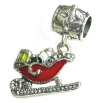 Antique Sterling Silver Santas Sleigh with Gift Christmas Red & Green Enamel Dangle Bead for Pandora Troll Chamilia Biagi European Charm Bracelets
