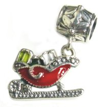 Antique Sterling Silver Santas Sleigh with Gift Christmas Red & Green Enamel Dangle Bead for Pandora Troll Chamilia Biagi European Charm Bracelets