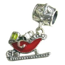 Antique Sterling Silver Santas Sleigh with Gift Christmas Red & Green Enamel Dangle Bead for Pandora Troll Chamilia Biagi European Charm Bracelets