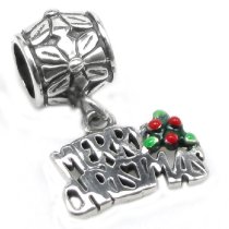 Antique 925 Sterling Silver Merry Christmas Red & Green Enamel Flower Dangle Bead for European Charm Bracelets