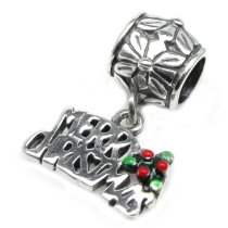 Antique 925 Sterling Silver Merry Christmas Red & Green Enamel Flower Dangle Bead for European Charm Bracelets