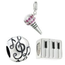 Sterling Silver Microphone w/ CZ Piano Music Note G Clef Dangle Bead Sets for Pandora Troll Chamilia Biagi European Charm Bracelets