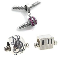 Sterling Silver Microphone w/ CZ Piano Music Note G Clef Dangle Bead Sets for Pandora Troll Chamilia Biagi European Charm Bracelets