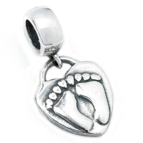 Sterling Silver Feet Print on Heart Love Bead for Pandora Troll Chamilia Biagi European Charm Bracelets