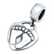 Sterling Silver Feet Print on Heart Love Bead for Pandora Troll Chamilia Biagi European Charm Bracelets