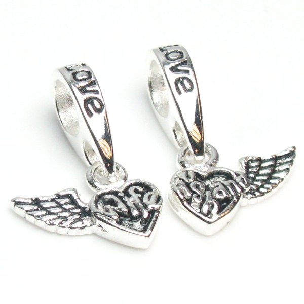 Sterling Silver Wing Wife and Husband Forever Love Heart Dangle Family Bead for Pandora Troll European Charm Bracelets