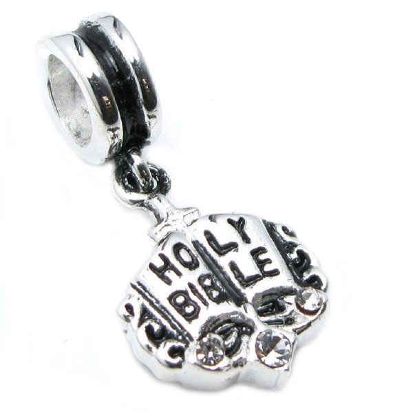 Sterling Silver Holy Bible Clear CZ Dangle Bead for Pandora Troll Chamilia Biagi European Charm Bracelets