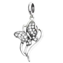 .925 Sterling Silver Butterfly Clear CZ Dangle Pendant Bead for European Charm Bracelets