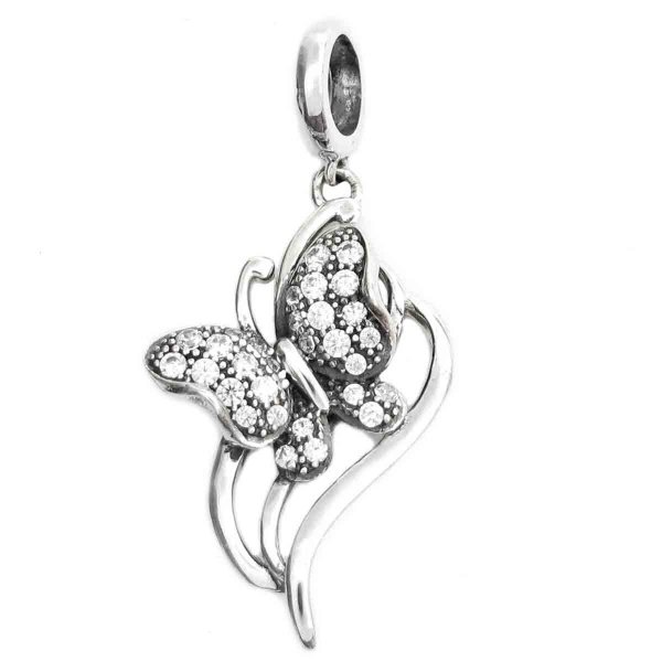 .925 Sterling Silver Butterfly Clear CZ Dangle Pendant Bead for European Charm Bracelets