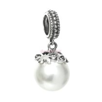 Sterling Silver White Simulated Pearl Dangle Pendant Bead for European Charm Bracelets