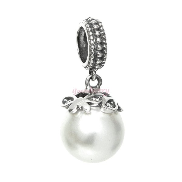 Sterling Silver White Simulated Pearl Dangle Pendant Bead for European Charm Bracelets