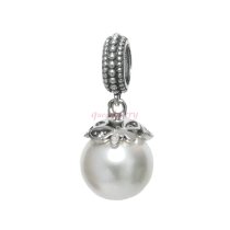 Sterling Silver White Simulated Pearl Dangle Pendant Bead for European Charm Bracelets
