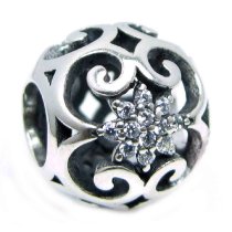 925 Sterling Silver Round Ethnic Flower Clear CZ Bead for European Charm Bracelets