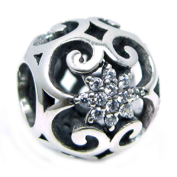 925 Sterling Silver Round Ethnic Flower Clear CZ Bead for European Charm Bracelets