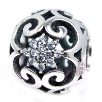 925 Sterling Silver Round Ethnic Flower Clear CZ Bead for European Charm Bracelets