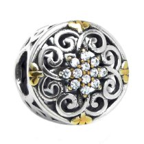 Gold on 925 Sterling Silver Round Filigree Flower Clear CZ Crystal Bead for European Charm Bracelets