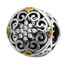 Gold on 925 Sterling Silver Round Filigree Flower Clear CZ Crystal Bead for European Charm Bracelets