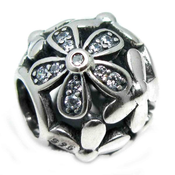 925 Sterling Silver Daisy Flower Blossom Clear CZ Crystal Bead for European Charm Bracelets