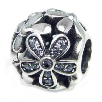 925 Sterling Silver Daisy Flower Blossom Clear CZ Crystal Bead for European Charm Bracelets