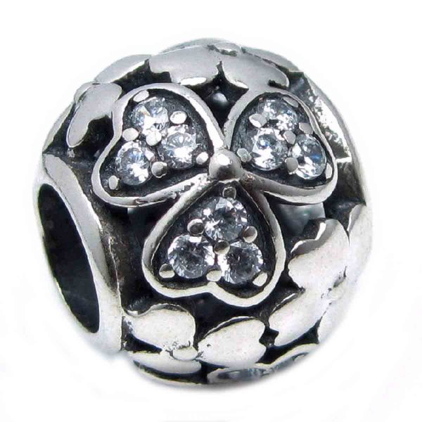 925 Sterling Silver Love Heart Clover Leaf Flower Clear CZ Crystal Bead for European Charm Bracelets
