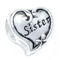 Sterling Silver Sister Heart Bead for Pandora Troll European Charm Bracelets