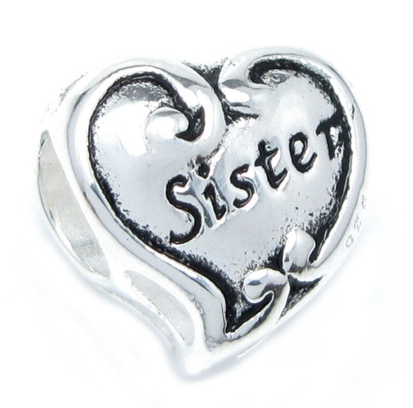 Sterling Silver Sister Heart Bead for Pandora Troll European Charm Bracelets