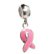 925 Sterling Silver Pink Ribbon Breast Cancer Awareness Dangle Enamel Pendant Bead for Pandora Troll European Charm Bracelets