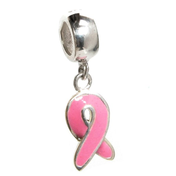 925 Sterling Silver Pink Ribbon Breast Cancer Awareness Dangle Enamel Pendant Bead for Pandora Troll European Charm Bracelets