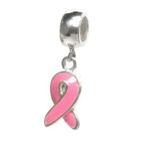 925 Sterling Silver Pink Ribbon Breast Cancer Awareness Dangle Enamel Pendant Bead for Pandora Troll European Charm Bracelets