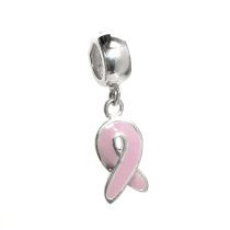 925 Sterling Silver Pink Ribbon Breast Cancer Awareness Dangle Enamel Pendant Bead for Pandora Troll European Charm Bracelets