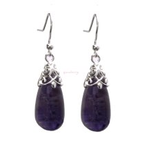 2x Sterling Silver Genuine Amethyst Stone Teardrop Charm Dangle French Hook Earwire Earrings