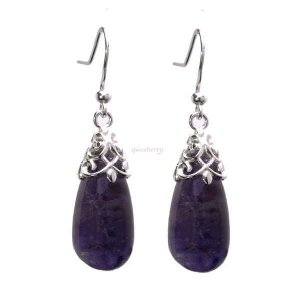 2x Sterling Silver Genuine Amethyst Stone Teardrop Charm Dangle French Hook Earwire Earrings