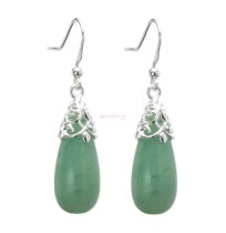 Sterling Silver Aventurine Stone Teardrop Dangle Filigree Flower French Hook Earwire Earrings