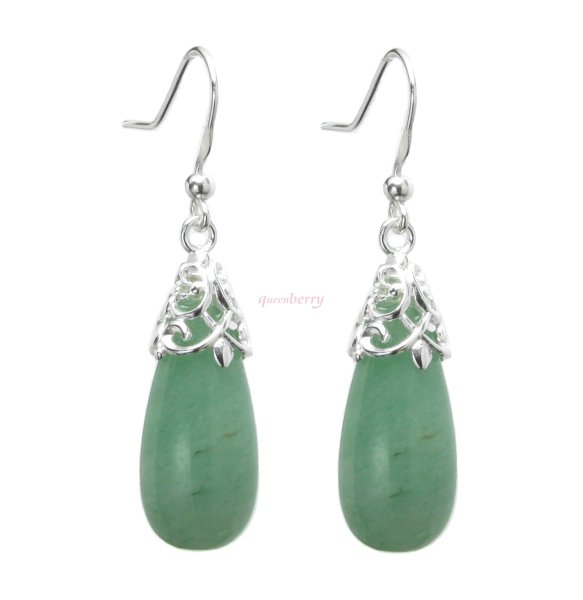 Sterling Silver Aventurine Stone Teardrop Dangle Filigree Flower French Hook Earwire Earrings