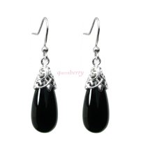 Sterling Silver Black Onyx Stone Teardrop Dangle Filigree Flower French Hook Earwire Earrings
