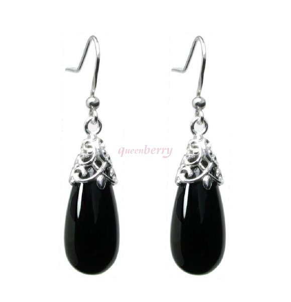 Sterling Silver Black Onyx Stone Teardrop Dangle Filigree Flower French Hook Earwire Earrings