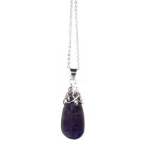 Sterling Silver Genuine Amethyst Stone Teardrop Pendant w/ Sterling Silver Adjustable Chain Necklace 16″ with 2″ Extender 18″